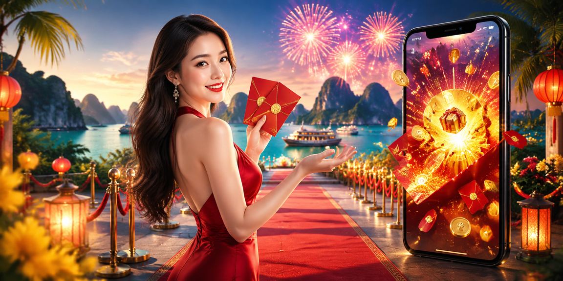 Vịnh Hạ Long lộng lẫy trong dịp lễ hội với bao lì xì đỏ tượng trưng cho khuyến mãi tiền thưởng