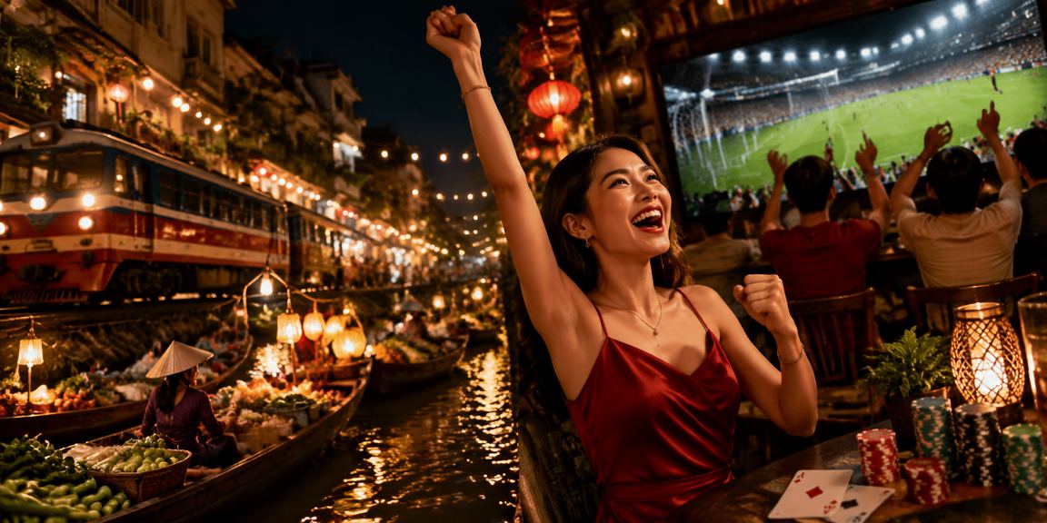 Đêm Hà Nội rực rỡ đèn neon phản chiếu không khí cá cược thể thao sôi động trên điện thoại